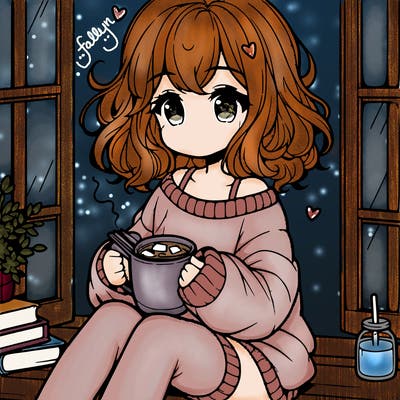 cute anime girl reading book and drinking hot chocolate from mug with loose wavy hair wearing a baggy sweatshirt and shorts sitting by windowsill looking out