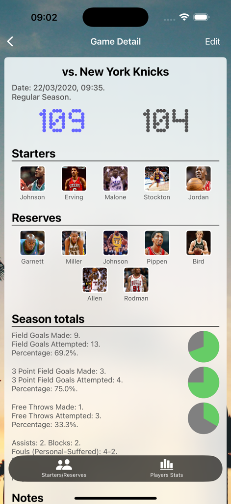 Basketball game detail screen showing final score, starting lineup, reserves, and performance statistics with charts.