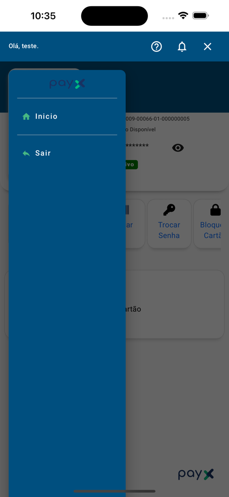 Menu de navigation latérale de l'application financière mobile PayX.