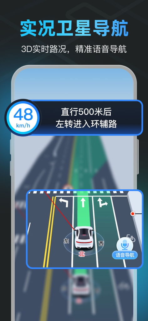 GPS智能指南针-北斗卫星导航实时公交定位海拔测亩仪 - Smartphone interface showing 3D live satellite navigation with lane guidance and speed tracking