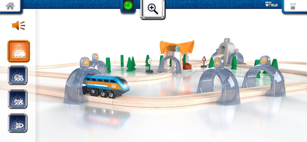 Digital representation of a wooden railway with a blue smart engine and interactive tunnels in the BRIO Smart Tech Sound app.
