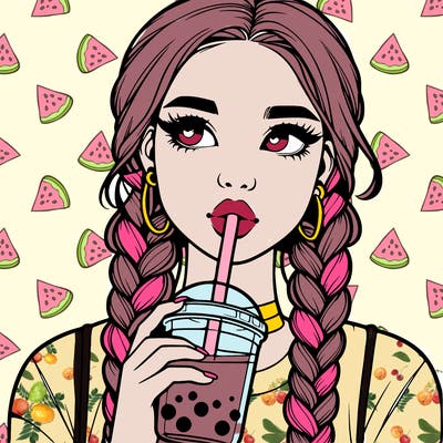 realistic girl with braided hair drinking boba