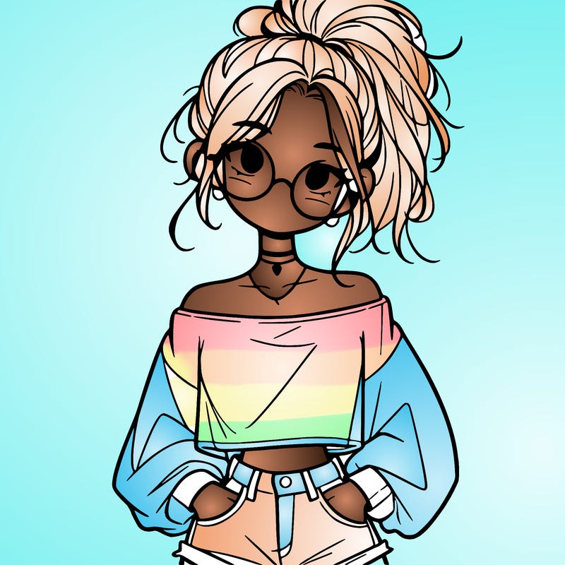 girl with a messy ponytail glasses a baggy crop top and jean shorts