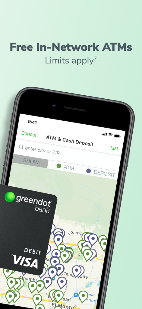 Interface do aplicativo móvel Green Dot mostrando um mapa de locais de caixas eletrônicos e depósitos em dinheiro gratuitos dentro da rede