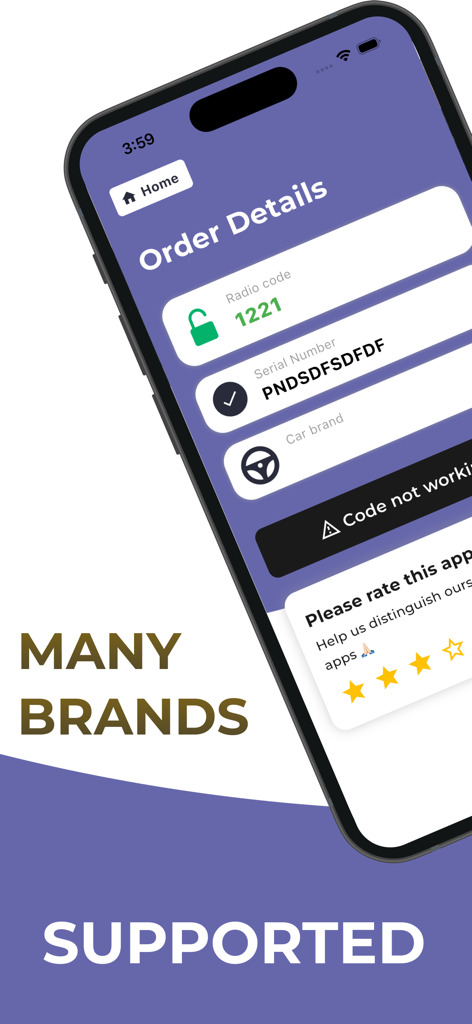 Interfaz de la aplicación Buscador de Códigos de Radio mostrando un código de radio generado y detalles del número de serie