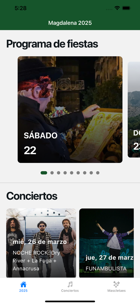Magdalena 2026 - Interface of the Magdalena 2026 app showing the festival schedule and concert listings