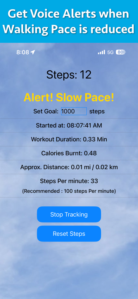 Brisk Walking Tracker - Brisk Walking Tracker app interface showing a slow pace notification and real time walking statistics