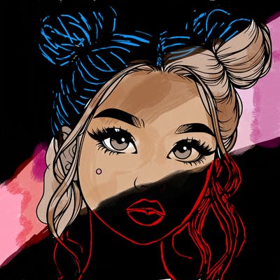 realistic girl with two buns on her hair and lips