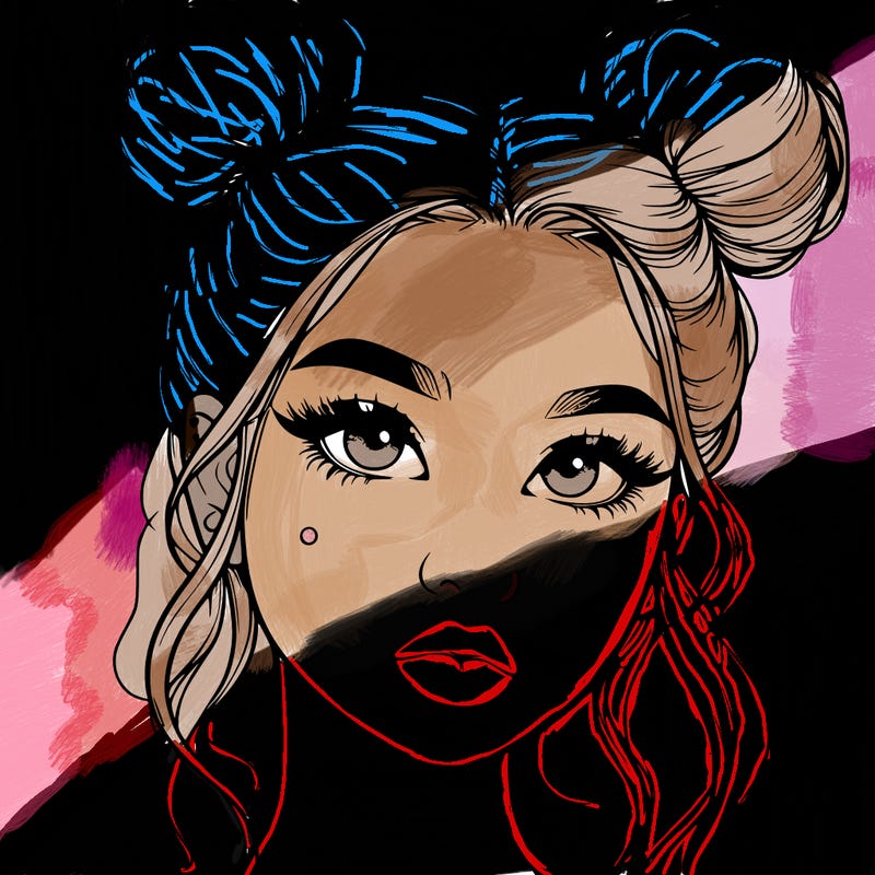 realistic girl with two buns on her hair and lips