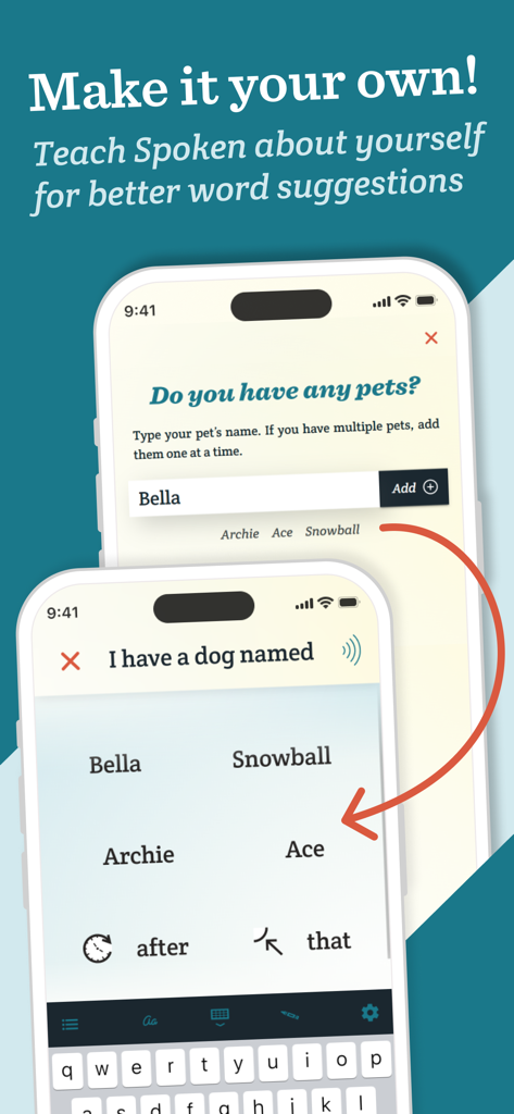 Interfaccia dell'app Spoken CAA che mostra suggerimenti di parole personalizzati basati sui nomi degli animali domestici dell'utente.