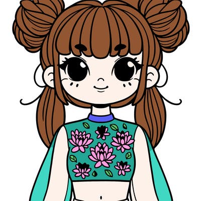 girl with a fringe and bun pigtails with crop top with water lillys on it