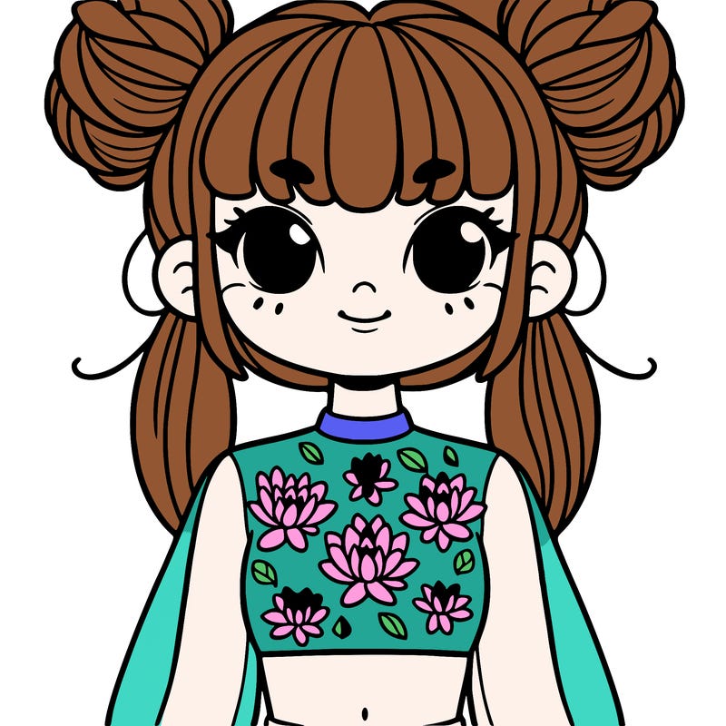 girl with a fringe and bun pigtails with crop top with water lillys on it