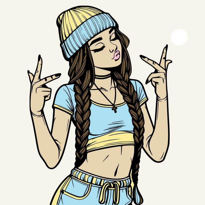 realistic teenage girl with braids and a beanie and crop top doing 🫶🏼