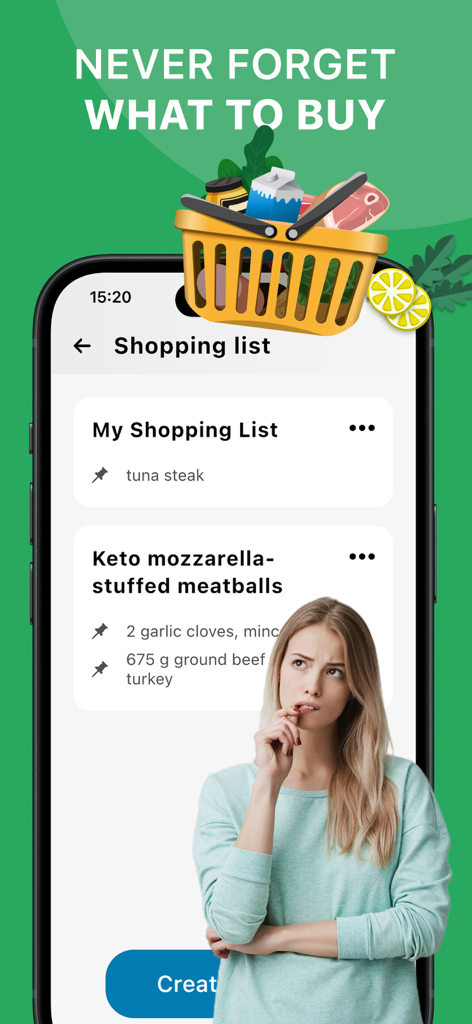 A shopping list screen in the Keto Diet Tracker app showing ingredients for low carb recipes like mozzarella-stuffed meatballs.