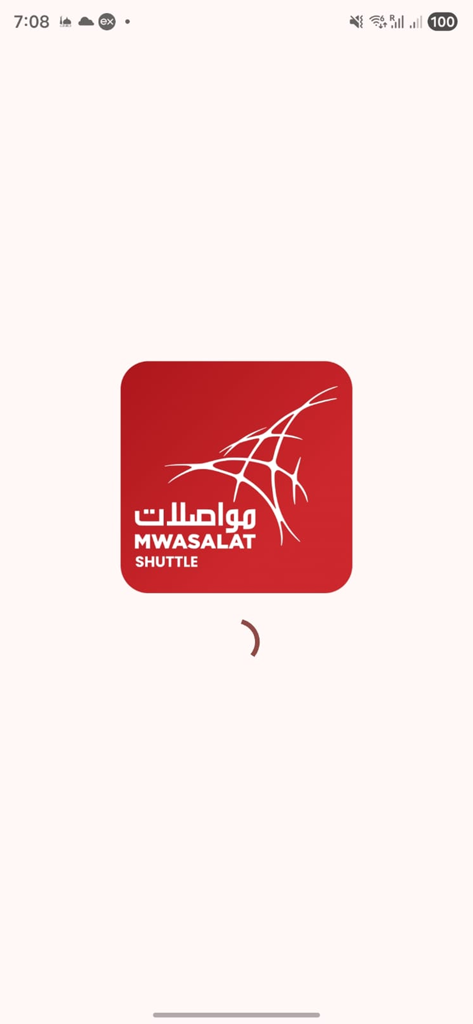 Mwasalat Shuttle - Pantalla de inicio de la aplicación móvil Mwasalat Shuttle con el logo rojo y blanco y un spinner de carga