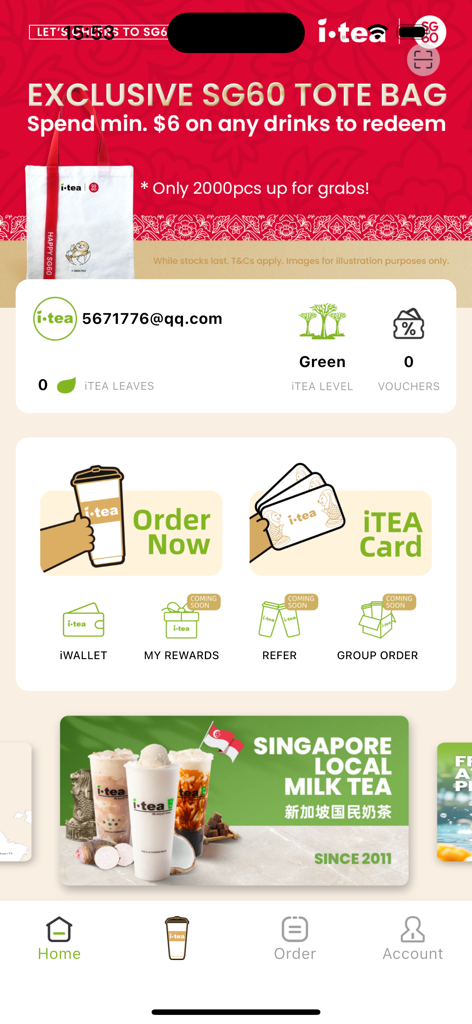 itea mobile app home screen with loyalty points and order now options