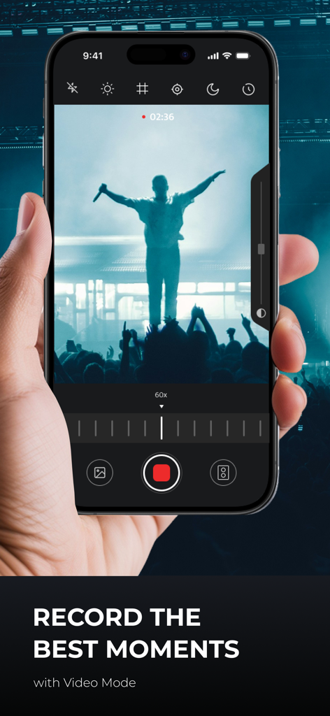 A smartphone using the Super Zoom Telescope HD Camera app to record a concert performance at 60x zoom in Video Mode