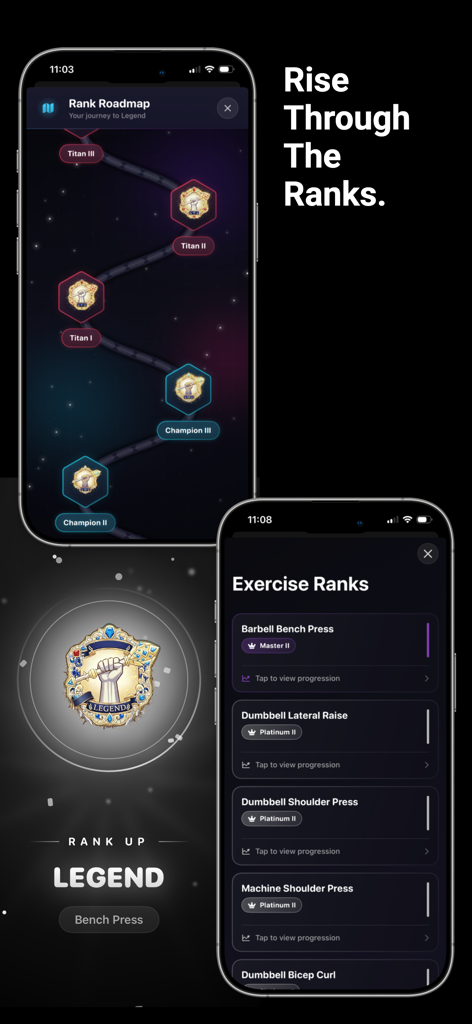 Ascend Fitness-Calories/Gym - Ascend app screens showing exercise rank progression and achievement roadmap