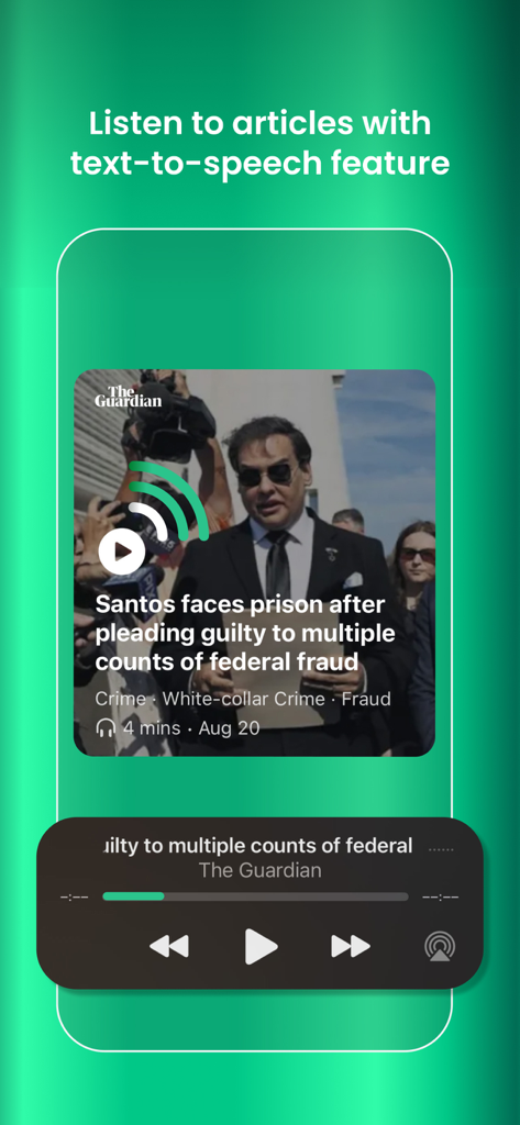 Interfaz de la aplicación PressReader que muestra la función de texto a voz para escuchar artículos de noticias
