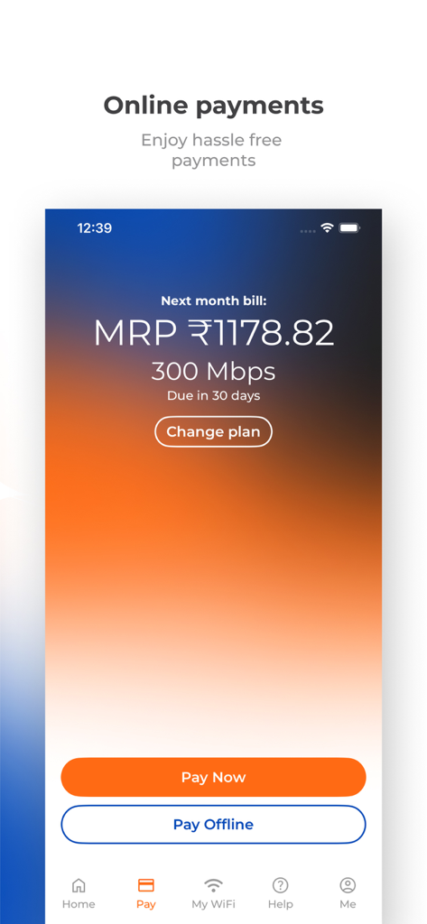The online payment screen of the my Excitel app showing broadband bill amount and payment buttons