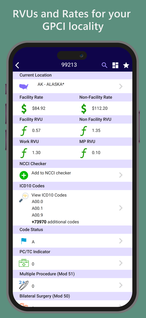 iCoder CPT RVU ICD10 HCPCS - iCoder App-Oberfläche, die RVU- und Erstattungssätze für eine bestimmte GPCI-Lokalität anzeigt.