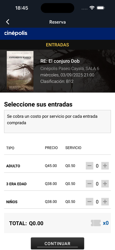 Cinepolis Guatemala app screen for selecting adult senior and child movie tickets