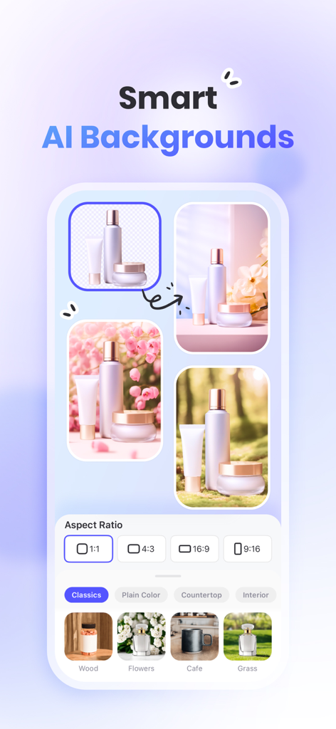 PicWish: AI Photo Editor - PicWish app screen showing the smart AI backgrounds feature for creating professional product photos with different lifestyle backdrops and aspect ratios.