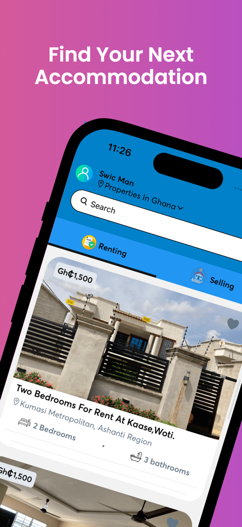 Easy Rent Ghana: Homes & more - Mobile app interface of Easy Rent Ghana showing a two bedroom house for rent in Kumasi