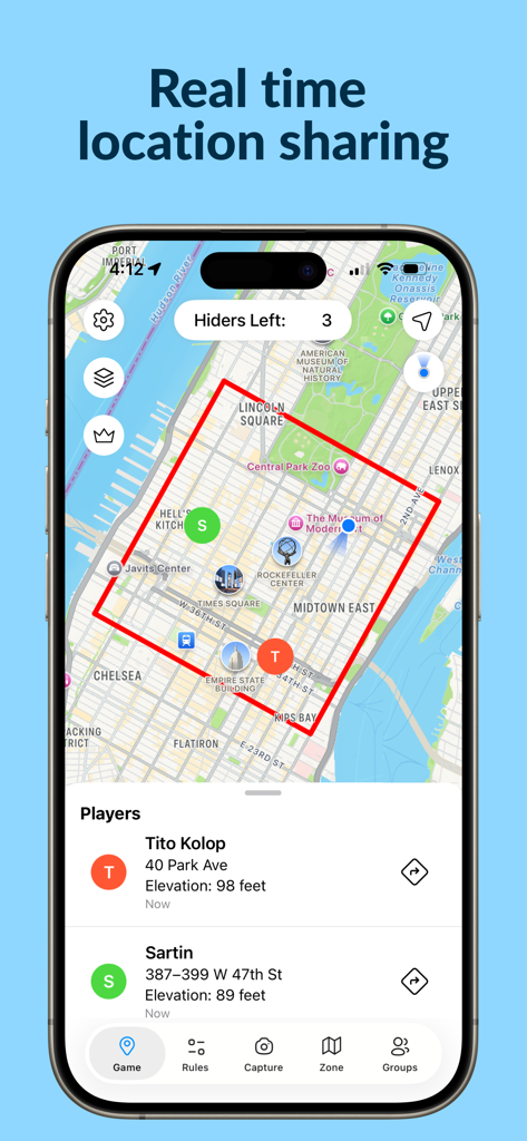Manhunt: Hide & Seek - Mapa de intercambio de ubicación en tiempo real en la aplicación Manhunt que muestra las posiciones de los jugadores y las zonas del juego.