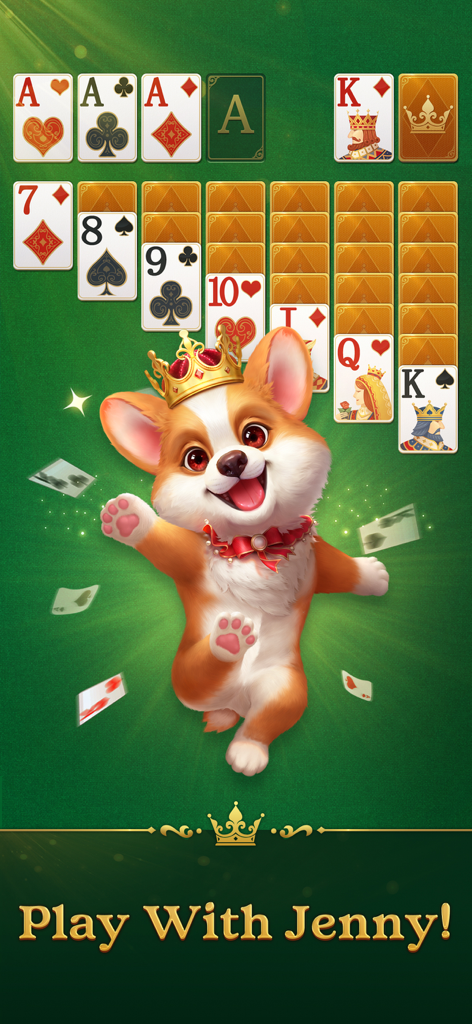Gameplay screen of Jenny Solitaire featuring a classic card layout with large fonts and a cute royal corgi mascot.