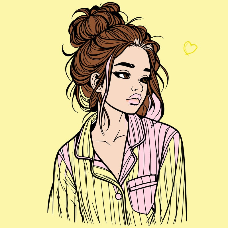 realistic woman with pajamas on and a messy bun