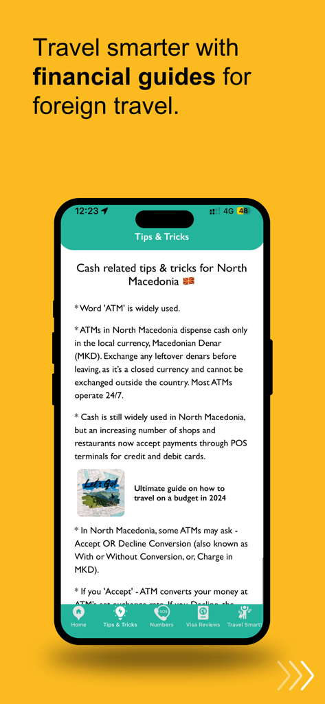 ATM Fee Saver: Travel Smarter - ATM Fee Saver app interface showing financial guides and cash tips for traveling in North Macedonia
