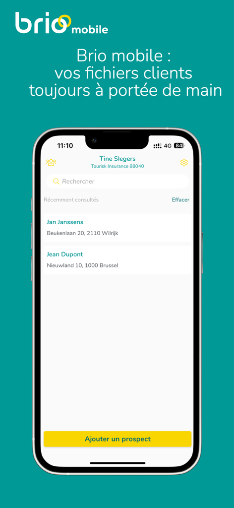 Brio Mobile - Brio Mobile app displaying client files and a button to add a prospect