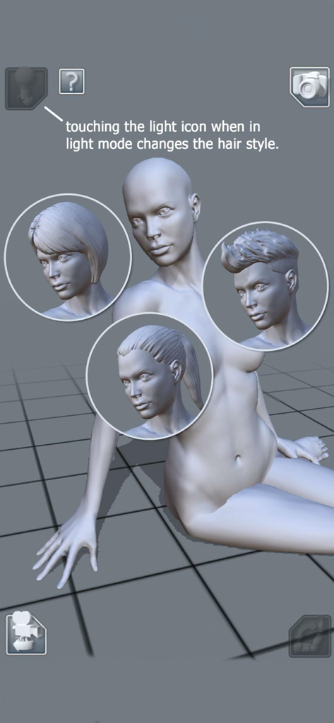 Screenshot of ArtPose Female Edition showing a 3D female model with different hairstyle selection options