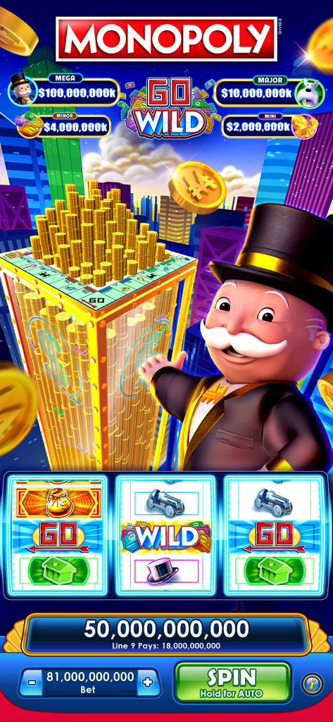 Mr. Monopoly standing next to a themed slot machine with a large stack of gold coins and a city skyline background