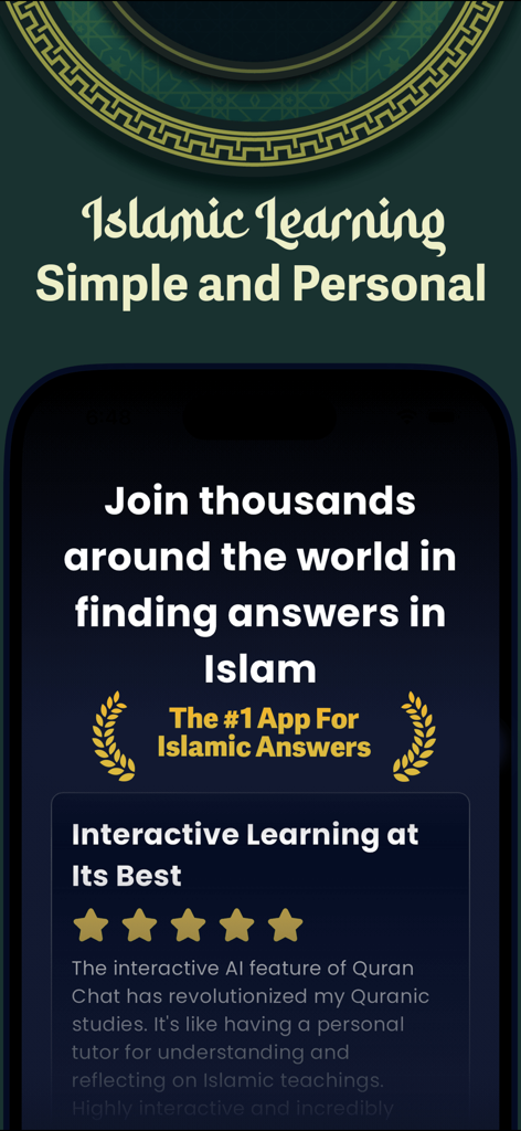 Interface of the Quran Chat app showcasing Islamic learning features and a positive user review.