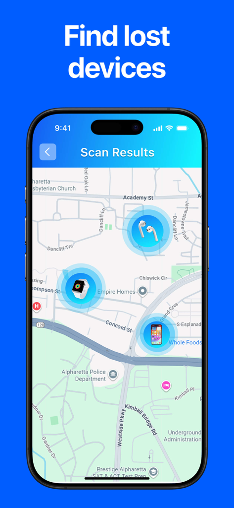 Bluetooth Finder app screenshot showing lost devices on a map