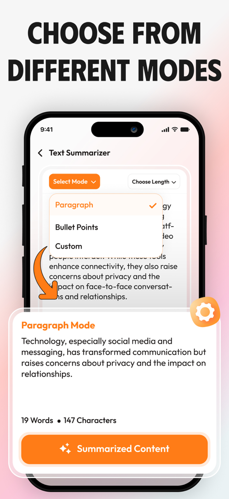AI Summary - Text Summarizer * - Interface of the AI Text Summarizer app showing paragraph and bullet point selection modes