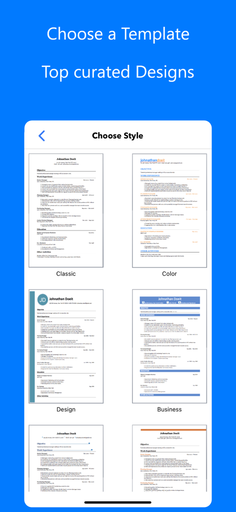 Resume Builder⁺ - クラシックからモダンなビジネススタイルまで、厳選された履歴書テンプレートの選択画面が表示されたモバイル画面