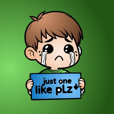 realistic crying boy with a sign saying just one like plz