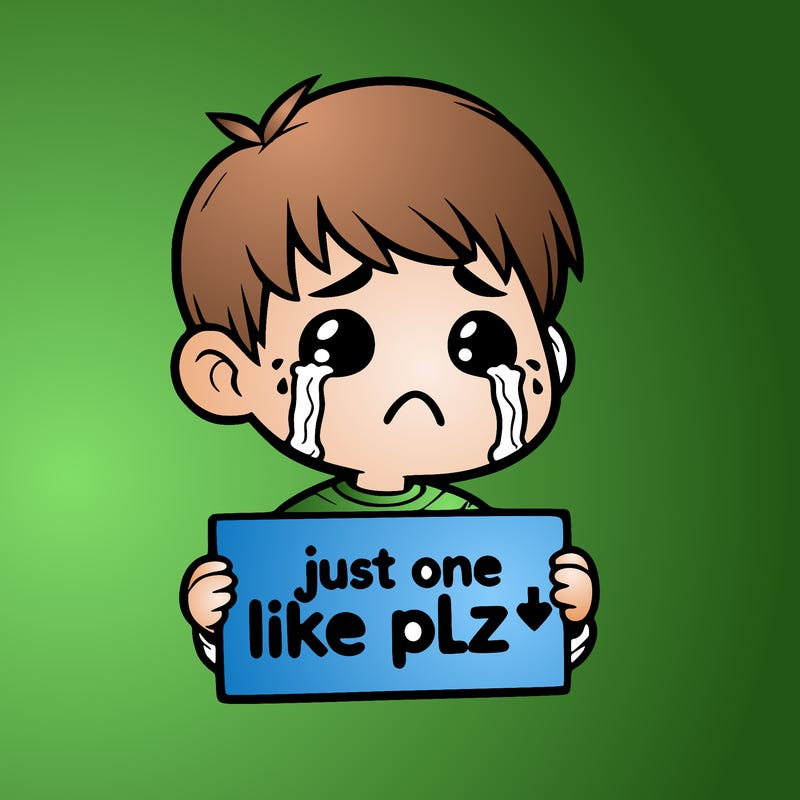 realistic crying boy with a sign saying just one like plz