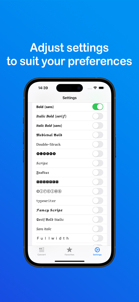 Bold Text - A tela de configurações do aplicativo Texto em Negrito mostrando várias opções de estilo de fonte e interruptores em um iPhone
