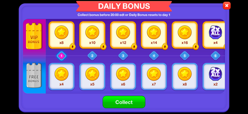 Bingo Star - Bingo Games - Bingo Star app daily bonus screen showing VIP and free coin reward tracks