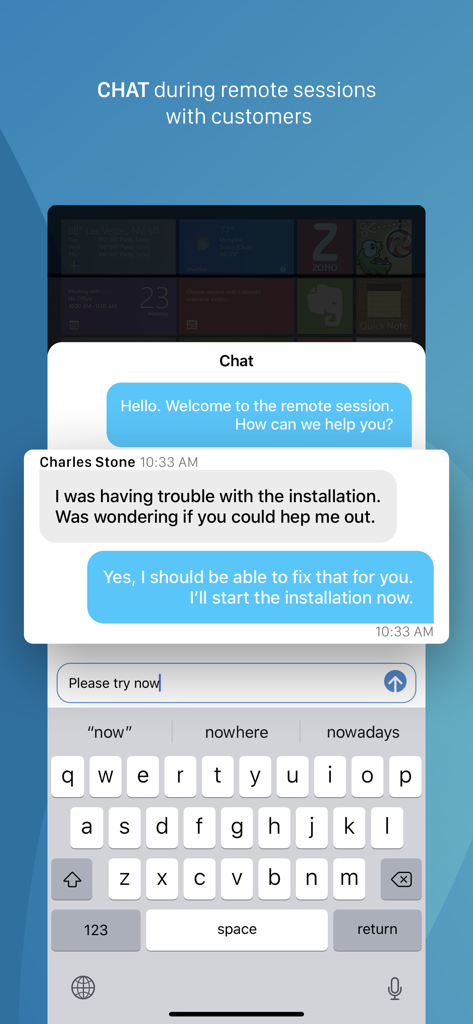 Zoho Assist - Remote Desktop - Mobile chat interface for real time communication during remote IT support sessions