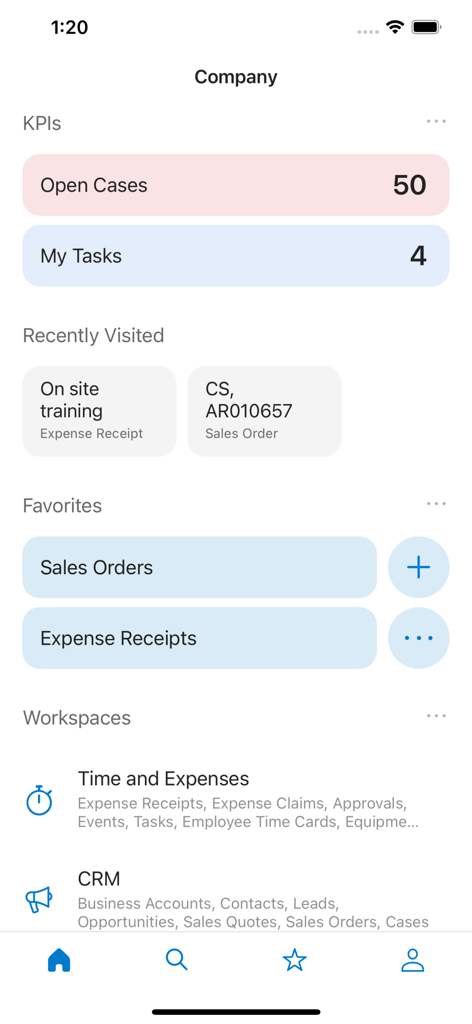 Acumatica ERP mobile app home screen showing business KPIs and workspaces