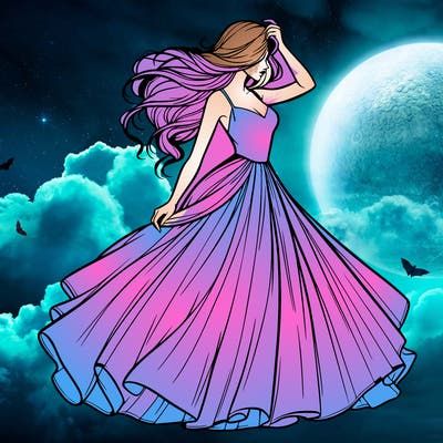 realistic woman with dress flowing in the wind