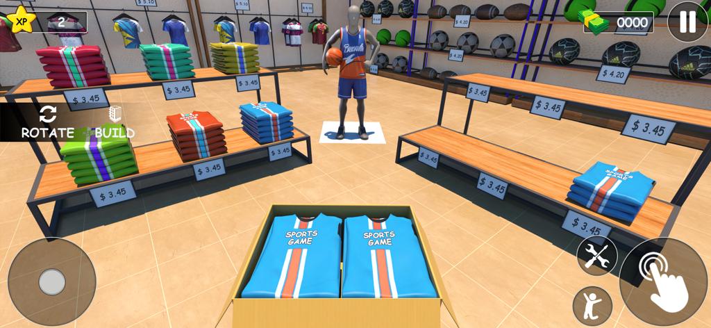 Sports Outfit & Equipment Game - Interior de una tienda deportiva 3D con camisetas y equipamiento personalizados en estanterías.