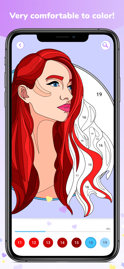 Art Collection Color by Number - Interfaz de libro de colorear digital que muestra un retrato de una mujer pelirroja siendo coloreada por números