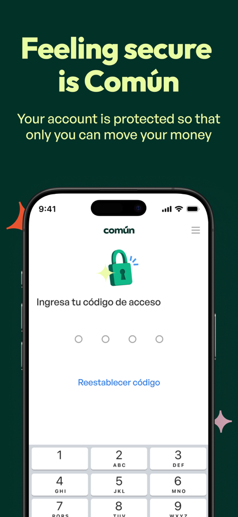 Comun app security screen showing a padlock icon and numeric keypad to enter an access code