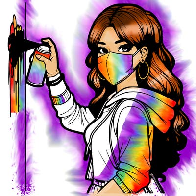 realistic girl with mask spray painting a wall